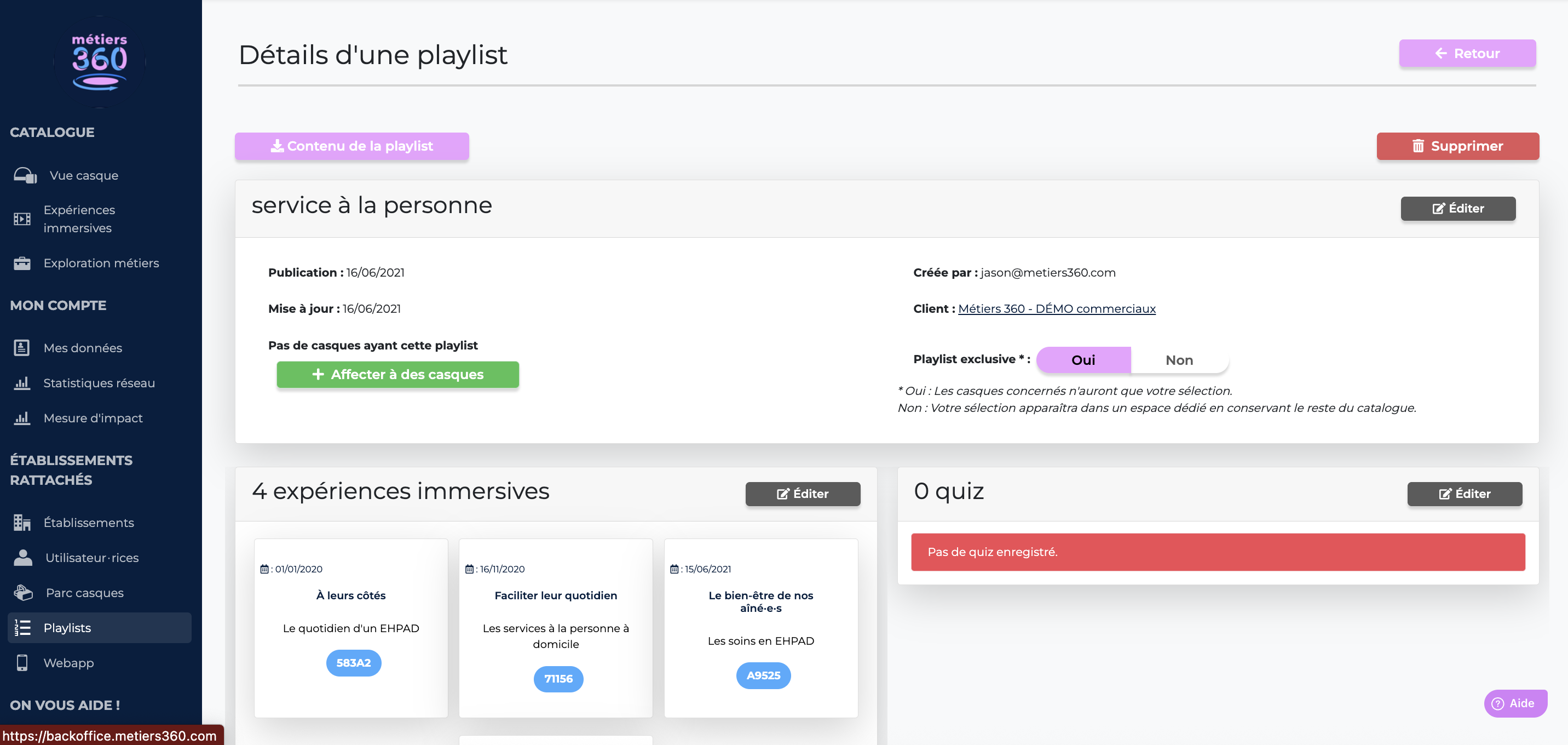 Backoffice Métiers360, détail d'une playlist
